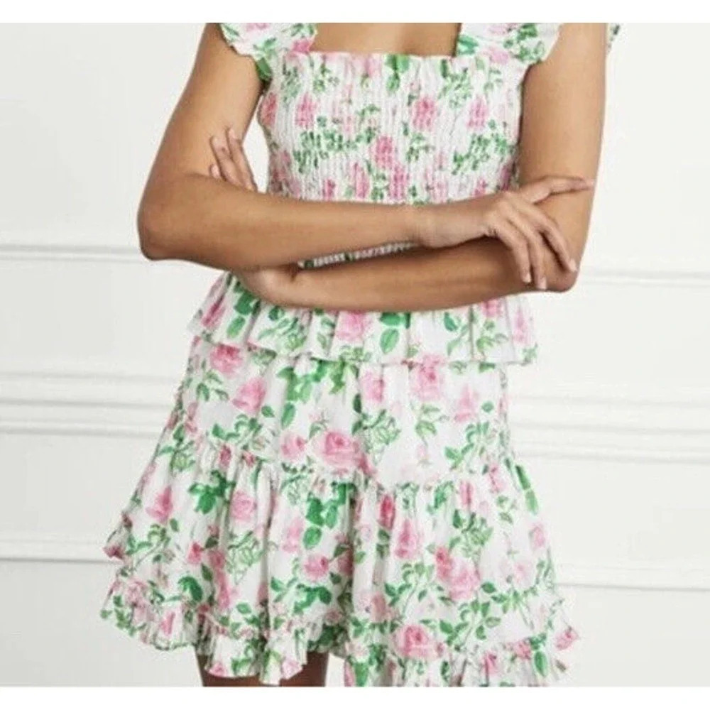 Hill House The Paz Mini Skirt Pink Roses Floral Ruffle Hem Linen size small